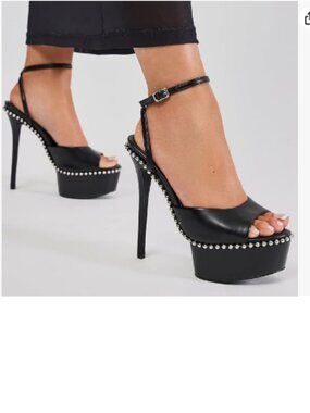 FSJ Black Studded Platform Sandals Open Toe Slim Ankle Strap Edge Studs Shoes